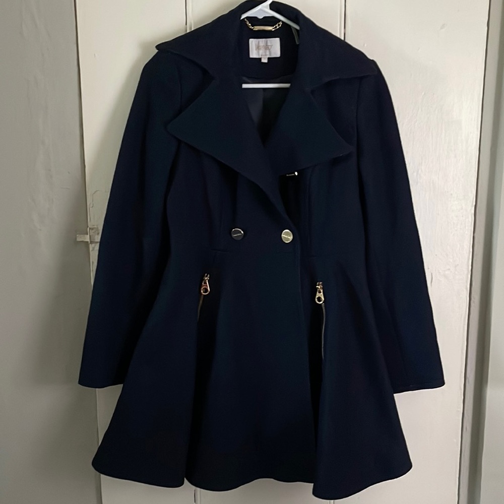 Navy pleated pea coat with gold buttons and zippers